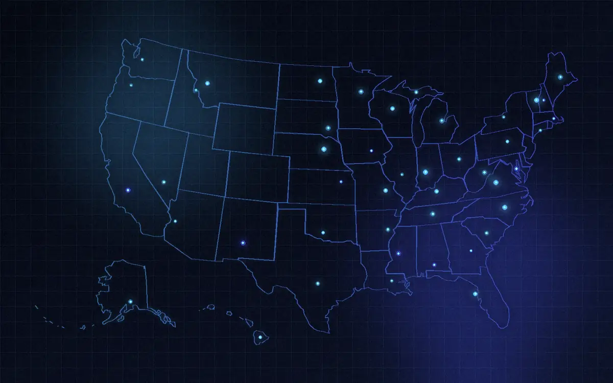 Stylized map of the United States, the market Nexalian serves.